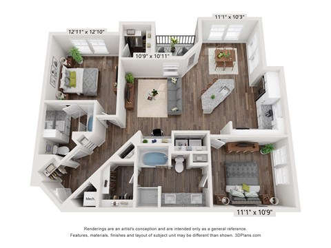 Floor plan for 2 beds, 2 baths, 1245 sqft